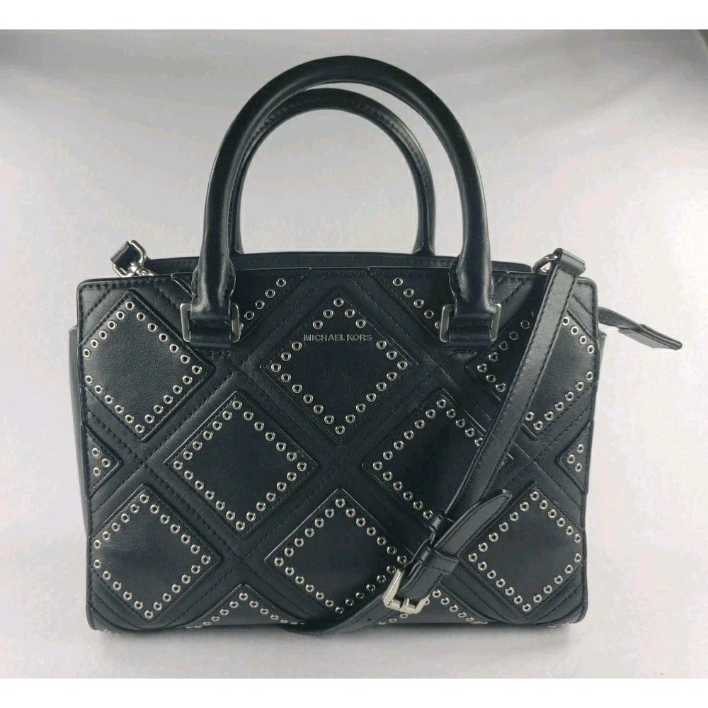 Michael Kors Selma Handbag Silver Diamond Grommet Medium Top Zip Leather Black